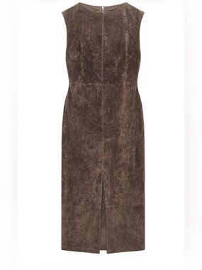 Sleeveless Brown 100% leather Suede Sheath Dress with Front Slit